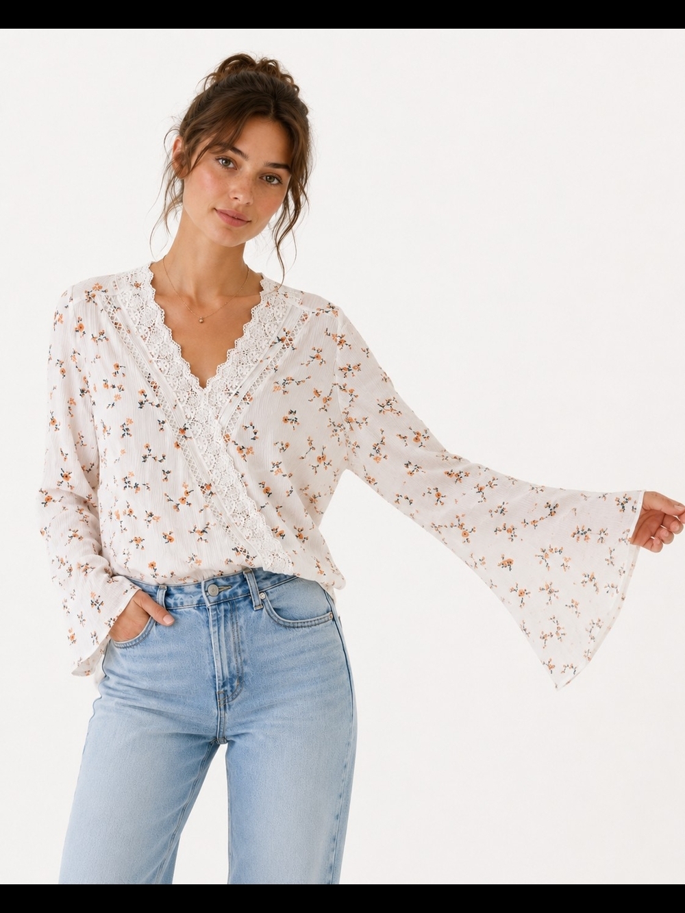 Just Polly Floral Lace Wrap Tie Front Bell Sleeve Blouse Top Women’s XL Boho